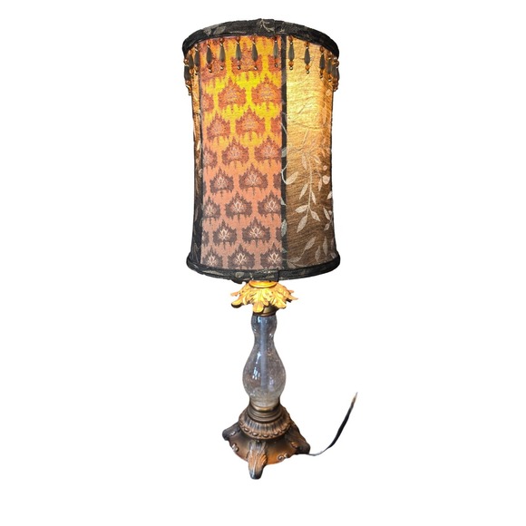 Ornate Glass & Brass Table Lamp w/ Black Lace Tassel Shade - Picture 2 of 7